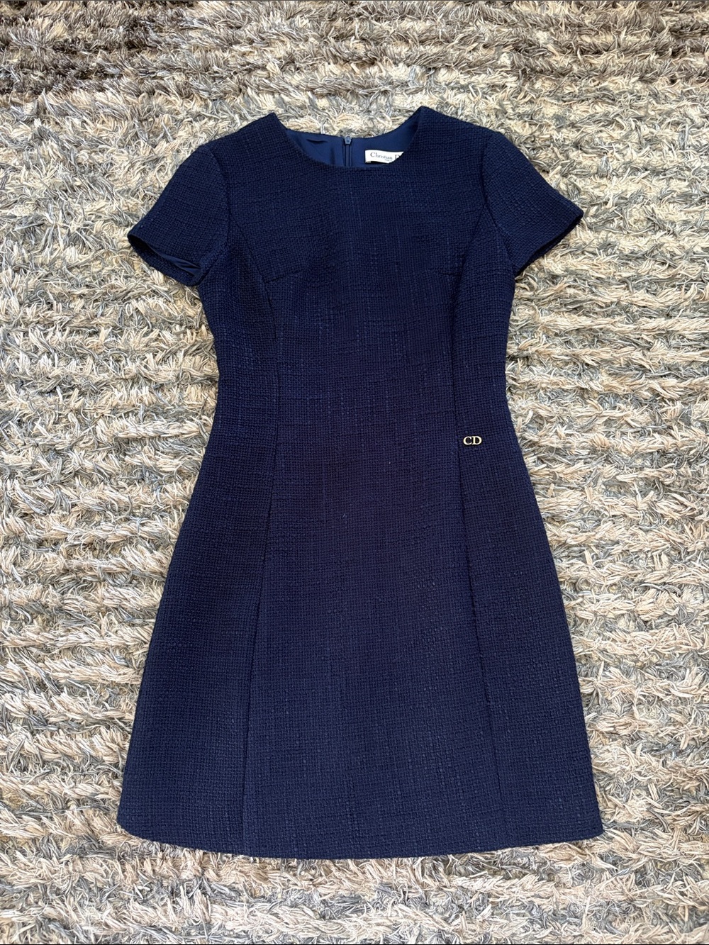 Christian Dior Navy Virgin Wool Silk A-Line Dress CD Silver Logo 36 US 4